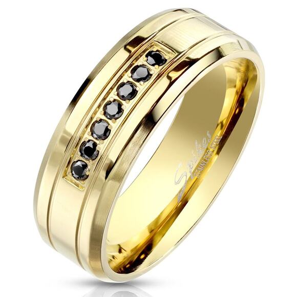Stainless steel gold band with black 7 CZs 8mm width size 11